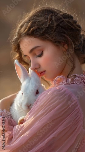 young woman holding bunny pastel, young woman in pink chiffon, young woman with bunny in morning light, Dreamy Pastel Portrait, Soft Light Animal Bond, Gentle Woman & Bunny Scene
