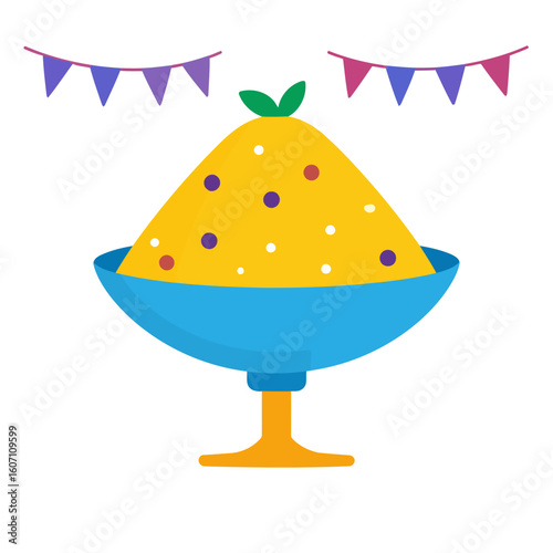A festive cone-shaped yellow dessert with colorful sprinkles, topped with a green leaf and served in a blue pedestal bowl.