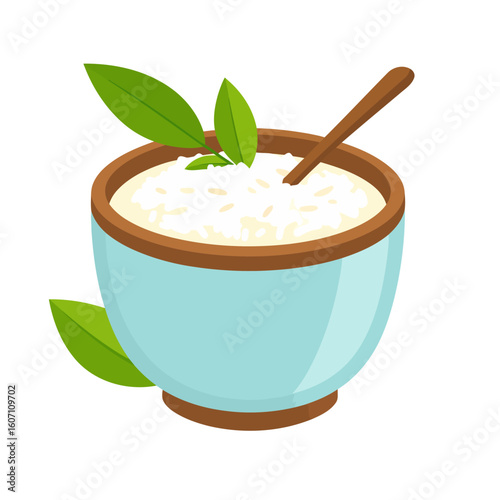 A light blue ceramic bowl of creamy white rice, garnished with fresh green leaves and a brown wooden spoon.