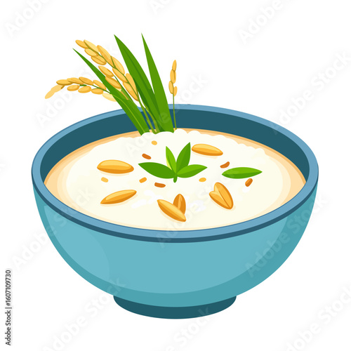 Creamy rice porridge in a blue bowl, garnished with fresh rice stalks, green leaves, and toasted grains.