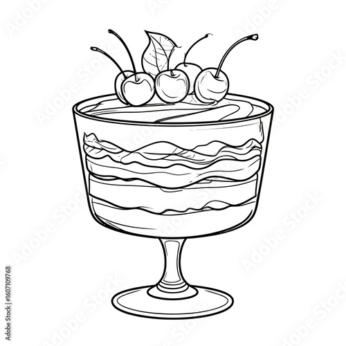 Hand-drawn line art of a layered trifle dessert in a glass bowl, garnished with fresh cherries.