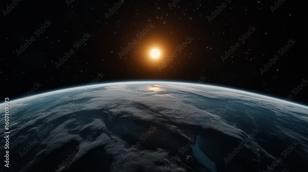 Obraz premium Stunning View of Earth from Space with Brilliant Sunlight and Starry Background Above Horizon