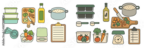 Cooking preparation setup with ingredients, utensils, and storage containers organized on countertop for meal planning