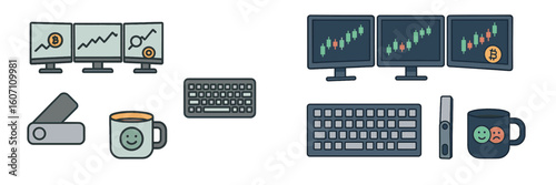Digital workspace with trading monitors, keyboard, and a coffee mug on a desk for cryptocurrency analysis