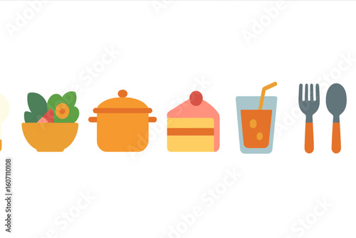 Colorful arrangement of food icons depicting a variety of dishes, drinks, and utensils for a culinary theme