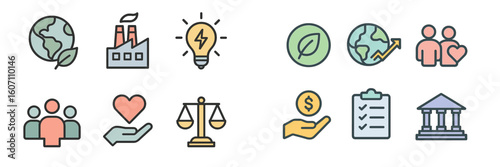 Icons representing sustainability, community, and economic growth in a modern design for educational purposes