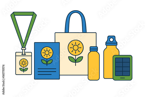Eco-friendly promotional items display at a sustainability event showcasing bags, bottles, and badges during an outdoor daytime gathering