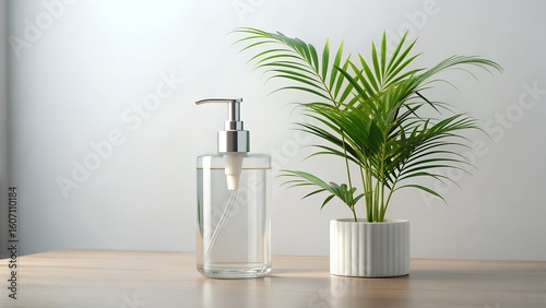 Modern minimalist bathroom: clear glass pump bottle and potted palm plant on light wood table.