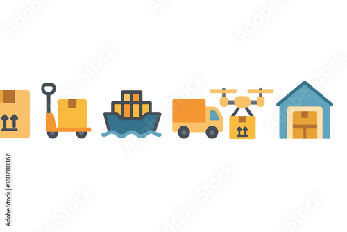 Delivery logistics icons showing various transportation methods including drone and shipping