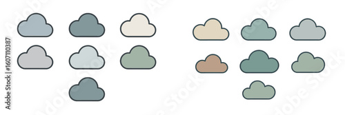 Various cloud shapes in different colors arranged in a grid pattern on a minimalist background for design purposes