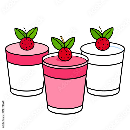 Cartoon illustration of three layered panna cotta desserts with a red berry and green leaf garnish.