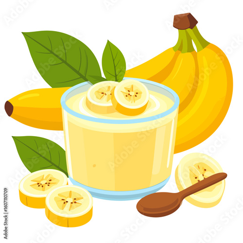 Creamy banana pudding in a glass, garnished with fresh fruit slices, whole bananas, and leaves.