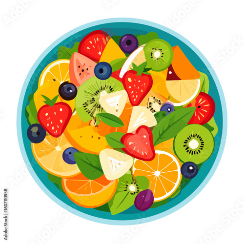 Vibrant fruit salad in a blue bowl with sliced strawberries, kiwi, and oranges. A colorful, healthy mix of fresh fruits and berries, top-down view.