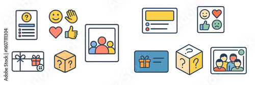 Illustrations depicting social interactions, emotions, and gifting concepts in a simple and colorful design