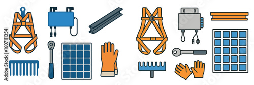 Safety equipment and tools for construction and maintenance work displayed in a detailed layout