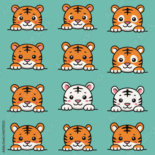 Vector cartoon tiger faces in kawai style.
