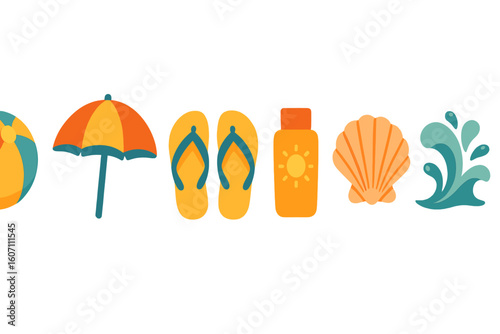 Summer beach essentials featuring a beach ball, umbrella, flip flops, sunscreen, shell, and ocean waves