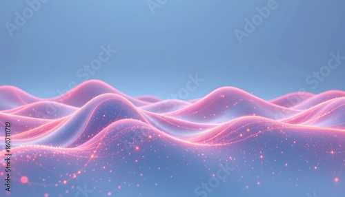 a digital rendering of an abstract landscape featuring rolling hills with pink waves.