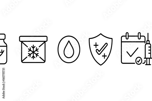 Vaccination processes with symbols of dosage, cold storage, blood testing, protection, scheduling, and administration