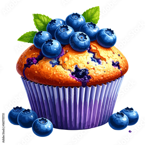 Golden blueberry muffin in a purple liner, topped with fresh berries and mint leaves.