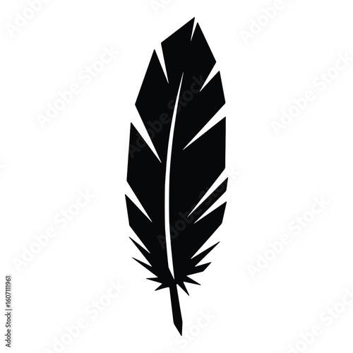 Black and white vector illustration of a stylized feather for design elements