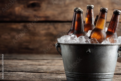Frosted beer bottles in metal ice bucket on rustic wooden table, ideal for party invitations, bar menus, brewery promotions, and summer drink advertising