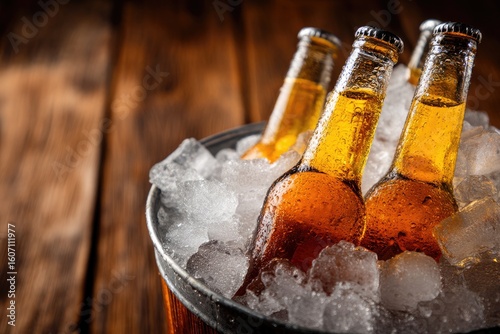 Close-up of chilled beer bottles in ice bucket on rustic wood surface, ideal for summer bar ads, party invitations, pub menus, and refreshing beverage promotions
