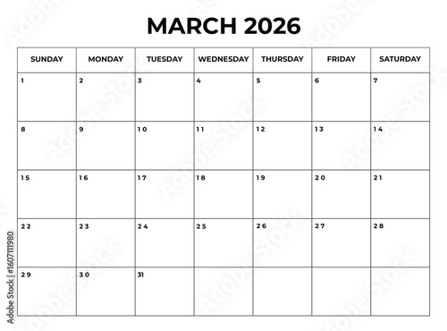 Printable March 2026 Calendar with Daily Boxes Week Starts from Sunday
