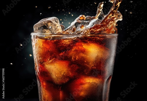 Close-up of chilled cola splash with ice cubes in glass on black background, ideal for beverage ads, soda branding, summer refreshment themes, and drink packaging designs