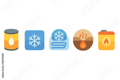 Symbols representing different states of matter and temperature variations in a simple, colorful design