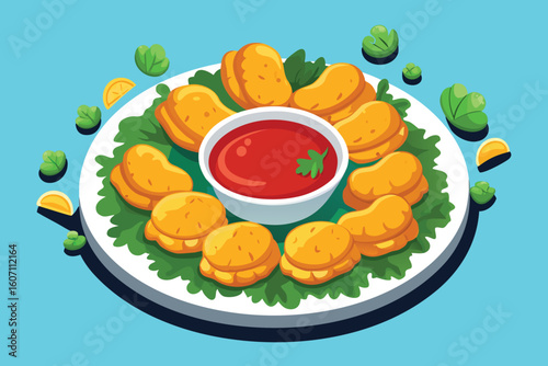 Cartoon Chicken Nuggets Served with Tomato Sauce on a White Plate