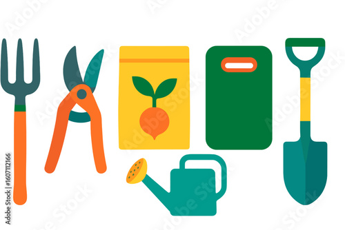 Colorful gardening tools and supplies arranged on a white background for outdoor planting and cultivation activities