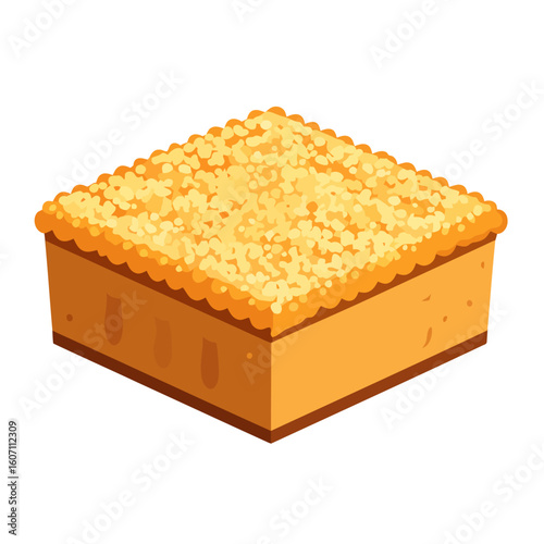 Golden square coffee cake with a generous crumb topping, illustrated in a flat, isometric style.