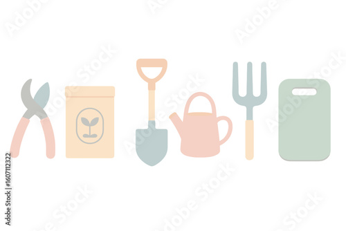 Gardening tools and supplies arranged on a white background for planting and nurturing plants