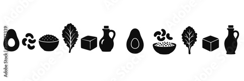 Creative arrangement of food icons featuring avocado, nuts, grains, and vegetables in a simplistic style