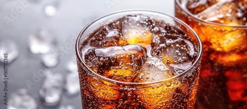Close-up of fizzy cola in two glasses with ice cubes on wet surface, ideal for soda branding, summer drink ads, refreshing beverage campaigns, and packaging design
