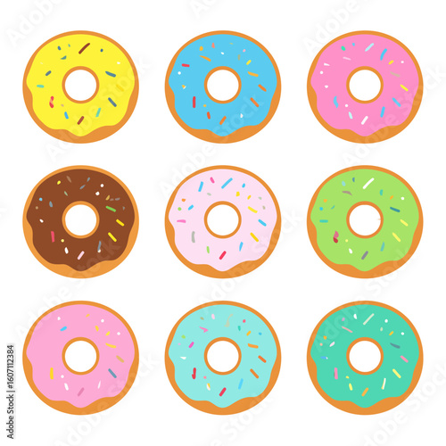 Flat design vector illustration of nine assorted sweet donuts with colorful glaze and sprinkles.