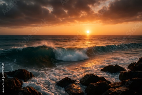 Ocean wave breaking at sunset with rocks in foreground