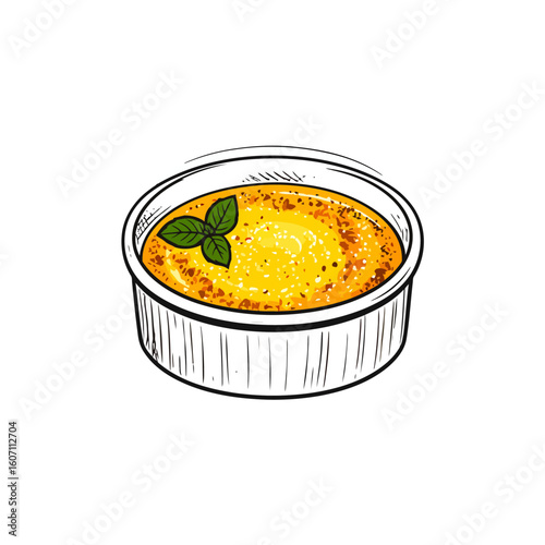 Sketch-style illustration of a golden baked custard or souffl? in a white ramekin, garnished with a fresh basil sprig.