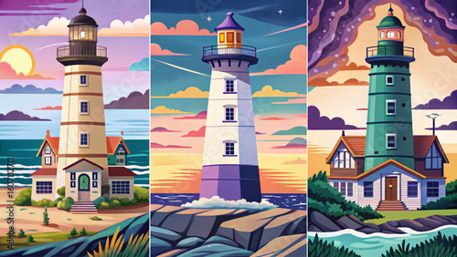 Set of lighthouse vector illustrations on seashore with ocean view, island cliffs, coastal beacon, seascape scenery. Symbol of hope, solitude, guidance, perfect for banners, posters, and backgrounds