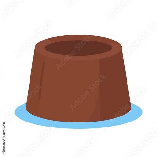 A simple vector illustration of a molded brown chocolate pudding or flan dessert on a light blue plate.