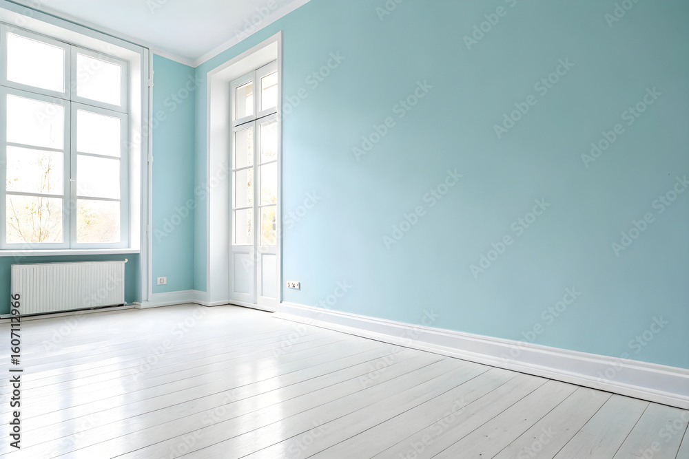 Obraz premium Freshly Painted Light Teal Room with White Wood Floors