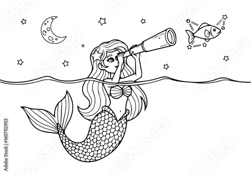 Cartoon mermaid stargazing with coral telescope under moon coloring page