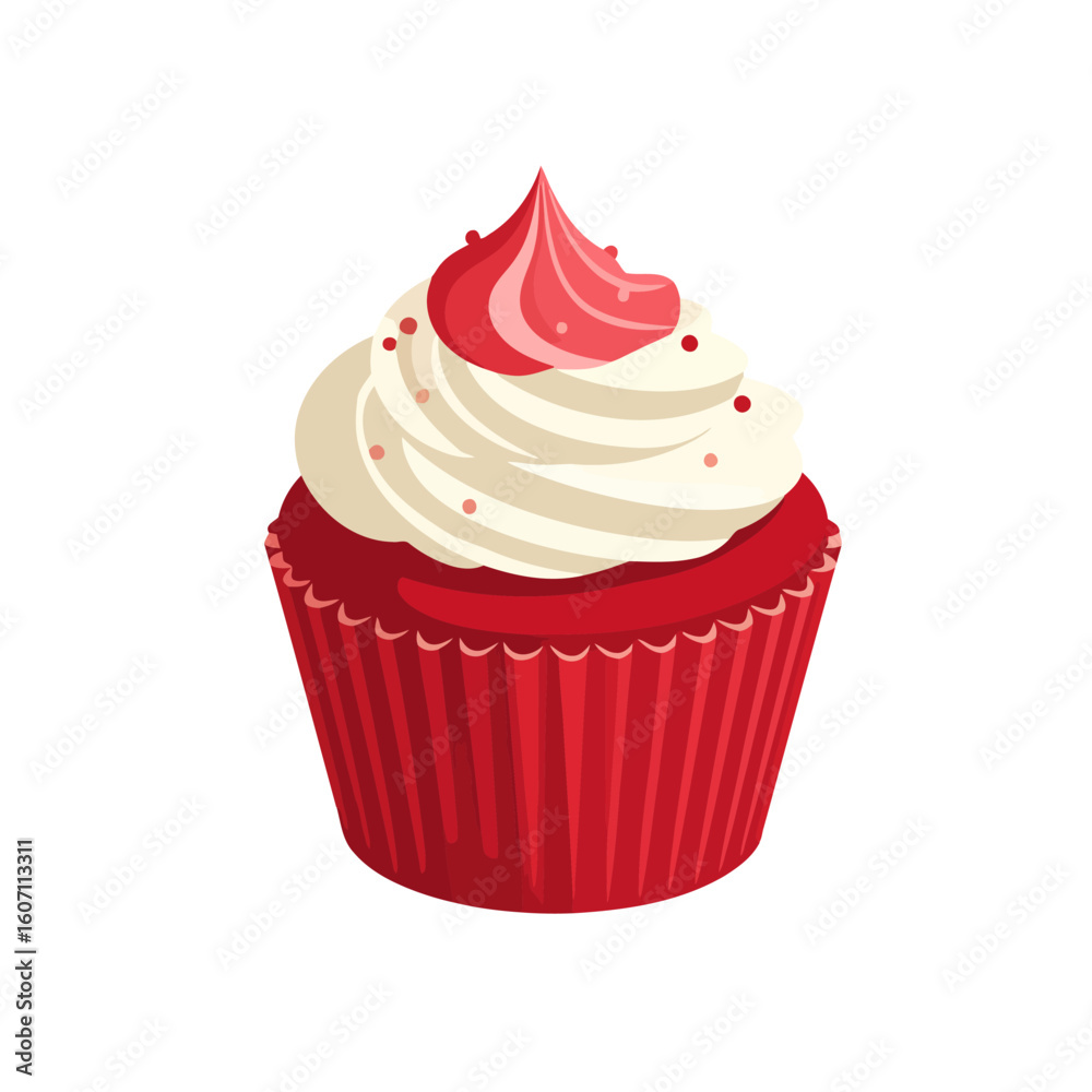 Illustrated red velvet cupcake with swirled cream frosting, a pink topping, and sprinkles. Illustrated red velvet cupcake with swirled cream frosting, a pink topping, and sprinkles.