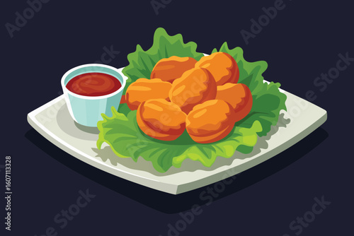 Cartoon Chicken Nuggets with Lettuce and Ketchup on a Plate Illustration