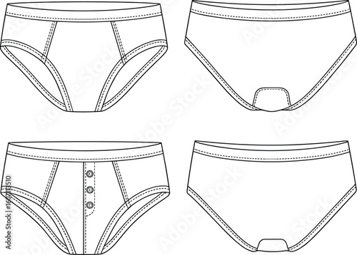 Men’s underwear briefs CAD drawing, technical flat sketch, garment vector template, fashion design illustration, clothing outline for apparel designers