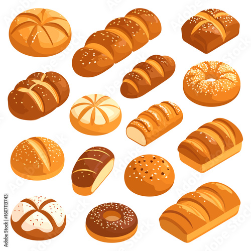 Assortment of cartoon-style baked goods, including various breads, buns, and loaves with golden-brown crusts and sesame seeds.