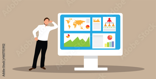 Business Man Leaning on Computer with Official Documents and Sales Graphs. White collar work, trading and financial activity vector art