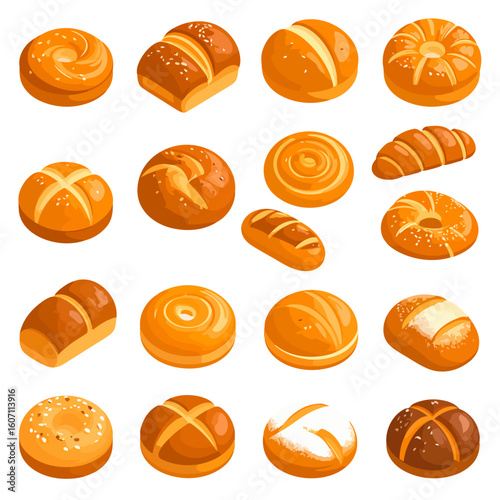 Isometric vector set of assorted bakery bread rolls and buns. Includes various shapes, some with sesame seeds, salt, or flour toppings.