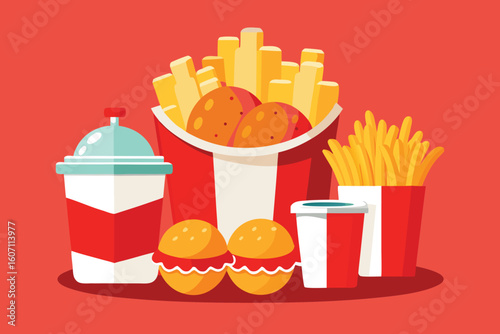 Vector illustration of fast food meal with burger fries and drink